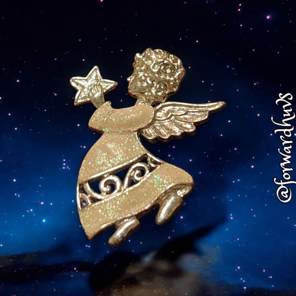 Sparkling Silvertone Angel Brooch with Enamel Dress